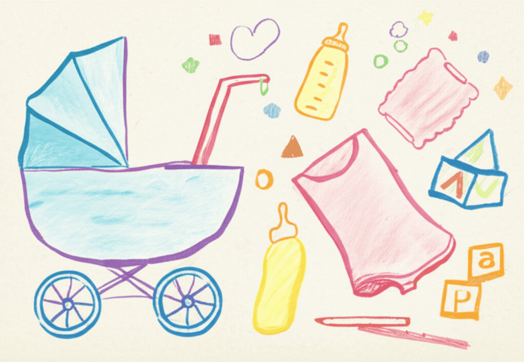 Süße, kindliche Zeichnung von Babyartikeln: Ein blauer Kinderwagen, Fläschchen, Schnuller, ein rosa Strampler, bunte Bauklötze und ein Stift. Ideal für Eltern-Blogs, Baby-Shops oder Artikel über Kindererstausstattung.