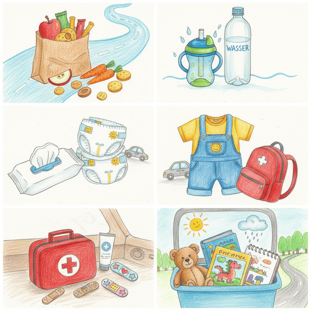 Illustration mit Babyutensilien wie Essen, Trinken, Windeln, Kleidung, Erste-Hilfe-Set und Spielzeug für eine Reise oder einen Ausflug