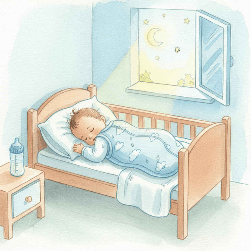 Ein friedlich schlafendes Baby liegt in einem Holzbettchen, eingewickelt in einen blauen Schlafsack mit Wolkenmuster. Durch das offene Fenster leuchten Mond und Sterne sanft in das Babyzimmer. Neben dem Bett steht ein Nachttisch mit einer Babyflasche, was eine ruhige Nacht und gesunden Babyschlaf symbolisiert.