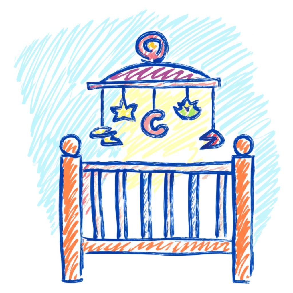 Kindgerechte Zeichnung eines Babybetts mit Mobile. Das Mobile hängt über dem Bettchen und zeigt Sterne, einen Mond und weitere Formen. Ideal für Themen rund um Babys, Schlafen, Kinderzimmer oder Eltern.