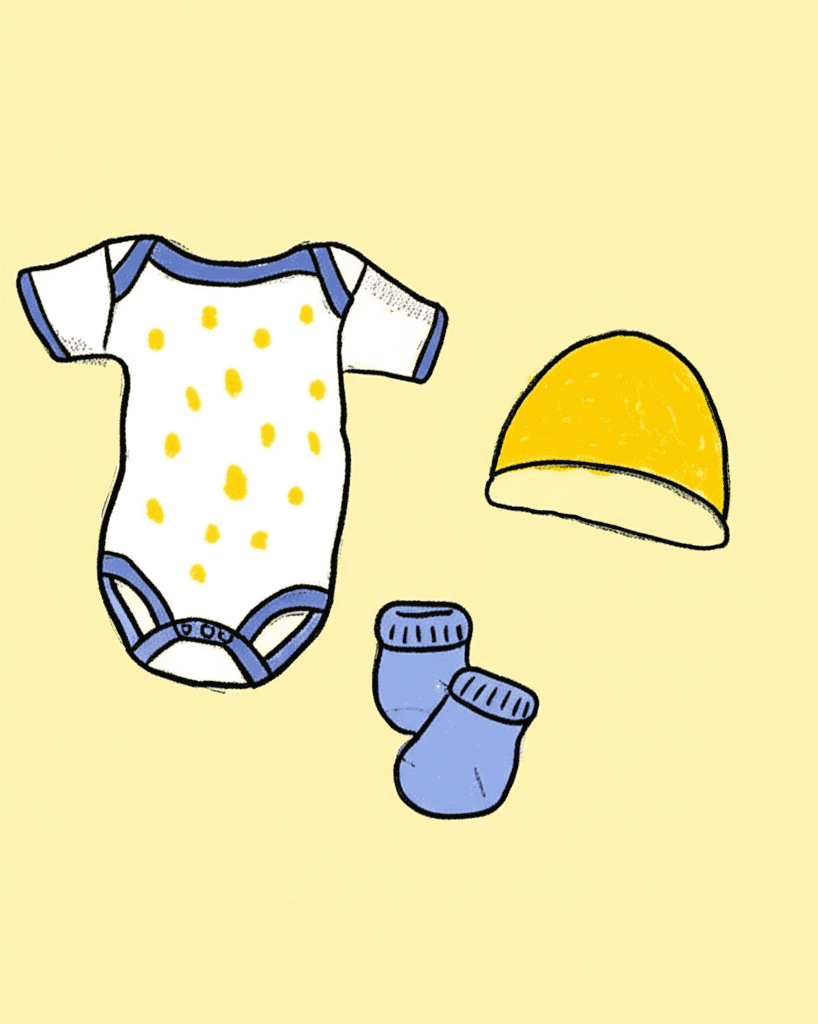 Niedliche Babykleidung: Weißer Body mit gelben Punkten, blaue Söckchen und gelbe Mütze auf gelbem Hintergrund.