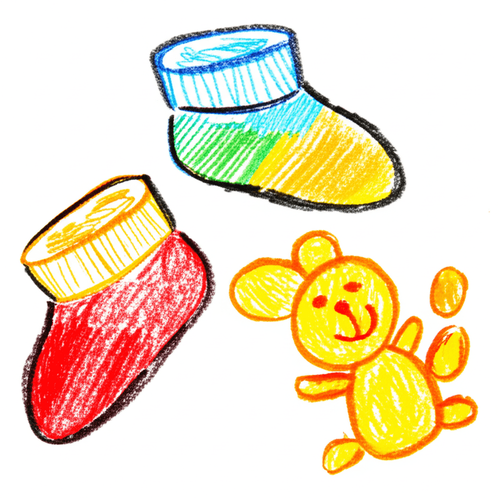Kindliche Zeichnung mit Buntstiften: Zwei Babysocken, eine rot und eine grün-gelb, und ein gelbes Teddybärchen.