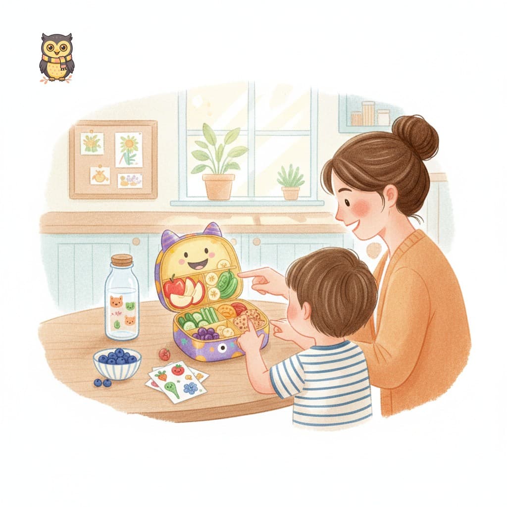 Mutter und Kind packen gemeinsam eine niedliche Bento-Box mit gesundem Essen für die Schule oder den Kindergarten.