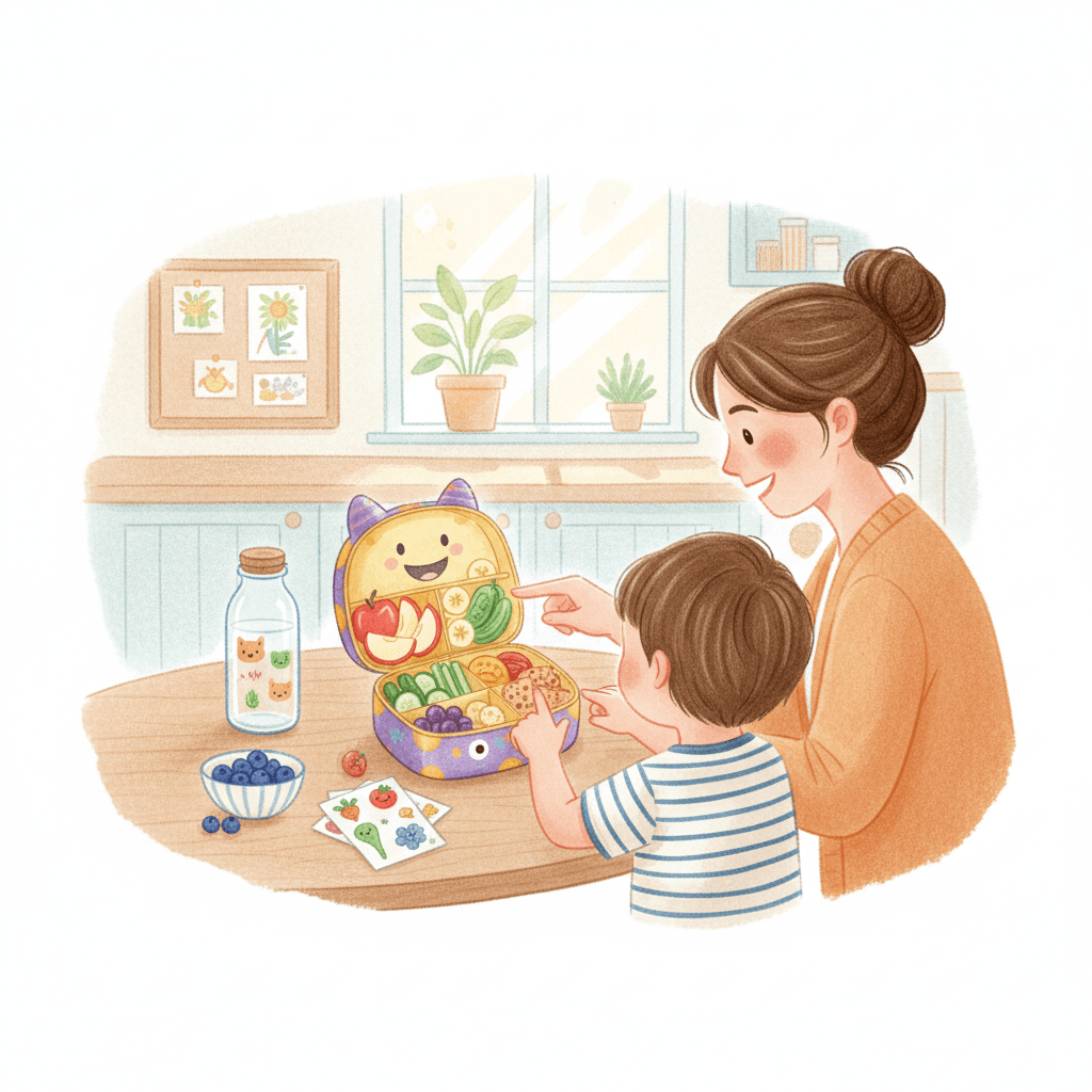 Mutter und Kind packen gemeinsam eine niedliche Bento-Box mit gesundem Essen für die Schule oder den Kindergarten.