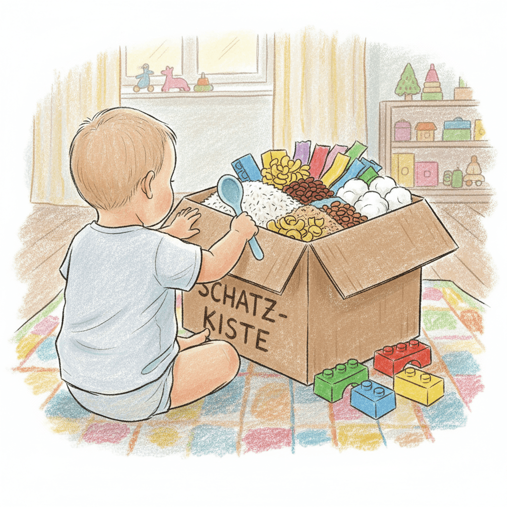 Kleinkind spielt mit einer Schatzkiste voller Spielsachen im Kinderzimmer