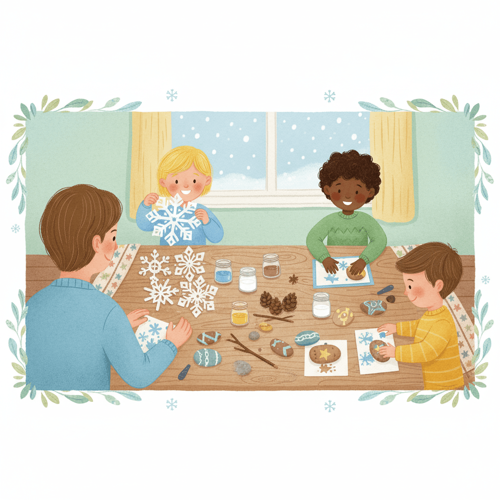 Illustration von Kindern, die am Tisch basteln und Schneeflocken gestalten