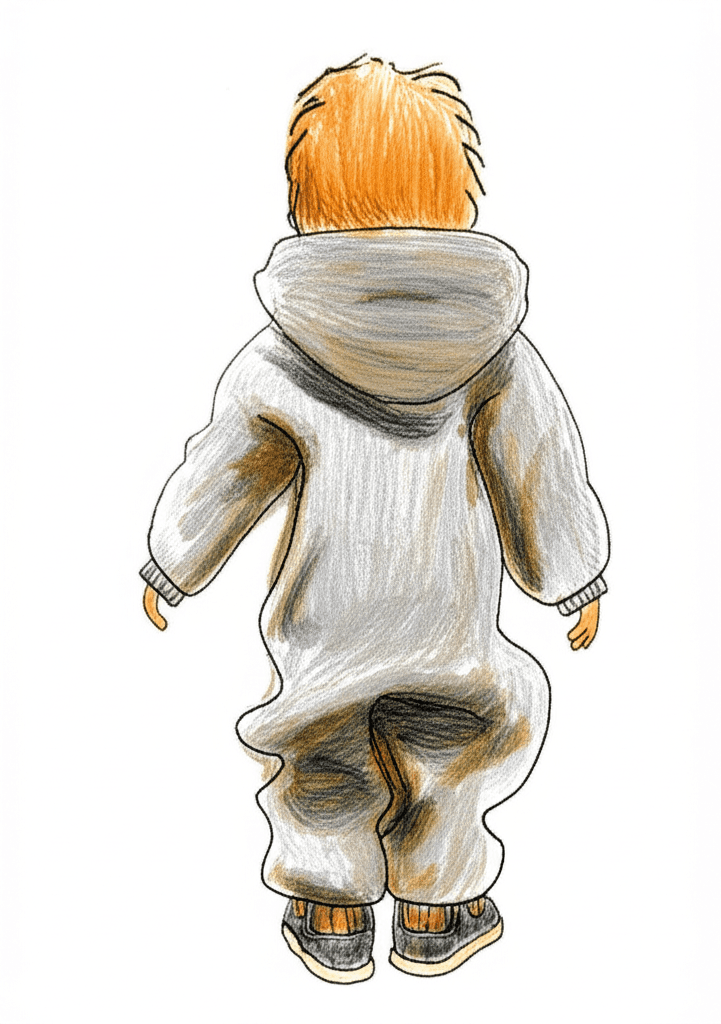 Kleinkind mit rotem Haar, von hinten gesehen, trägt grauen Strampelanzug und dunkelblaue Schuhe. Das Kind scheint zu laufen oder zu entdecken.