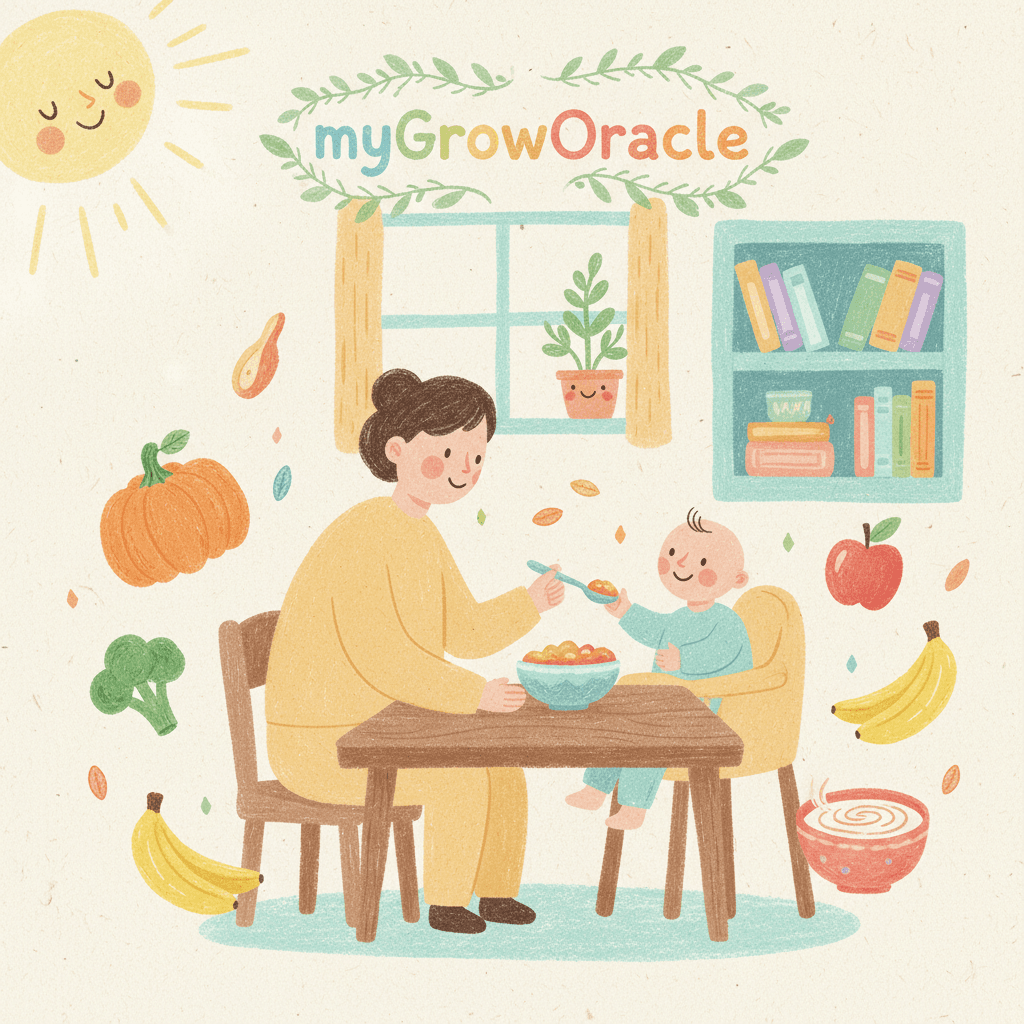 Ein Baby wird von seiner Mutter mit Brei gefüttert, umgeben von gesunden Lebensmitteln wie Kürbis, Avocado und Banane.