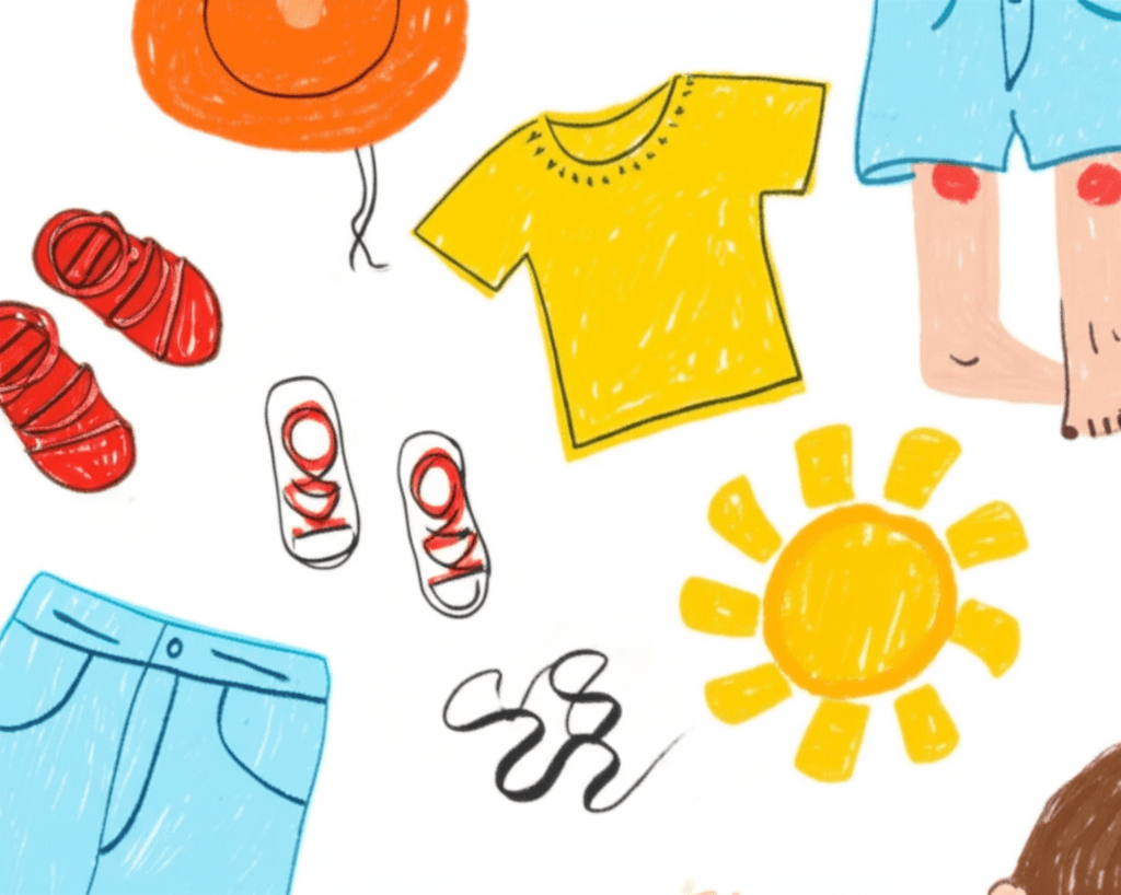 Kindliche Zeichnung von Sommerkleidung und Accessoires: Gelbes T-Shirt, blaue Shorts, rote Sandalen, Turnschuhe, Sonnenhut und eine strahlende Sonne. Beinpaar mit aufgeschürften Knien deutet auf sommerliche Aktivitäten hin.