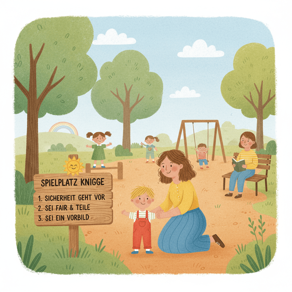 Illustration eines Spielplatzes mit Kindern und einer Mutter, die auf die Spielplatz-Knigge hinweist: Sicherheit geht vor, sei fair & teile, sei ein Vorbild.