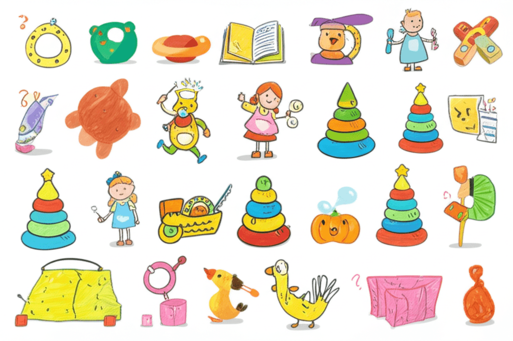 Bunte Kinderzeichnung mit verschiedenen Spielzeugen wie Stapelturm, Ente, Ball, Rassel und Spielzelt. Ideal für Webseiten über Spielzeug, Kinder, oder frühkindliche Entwicklung.