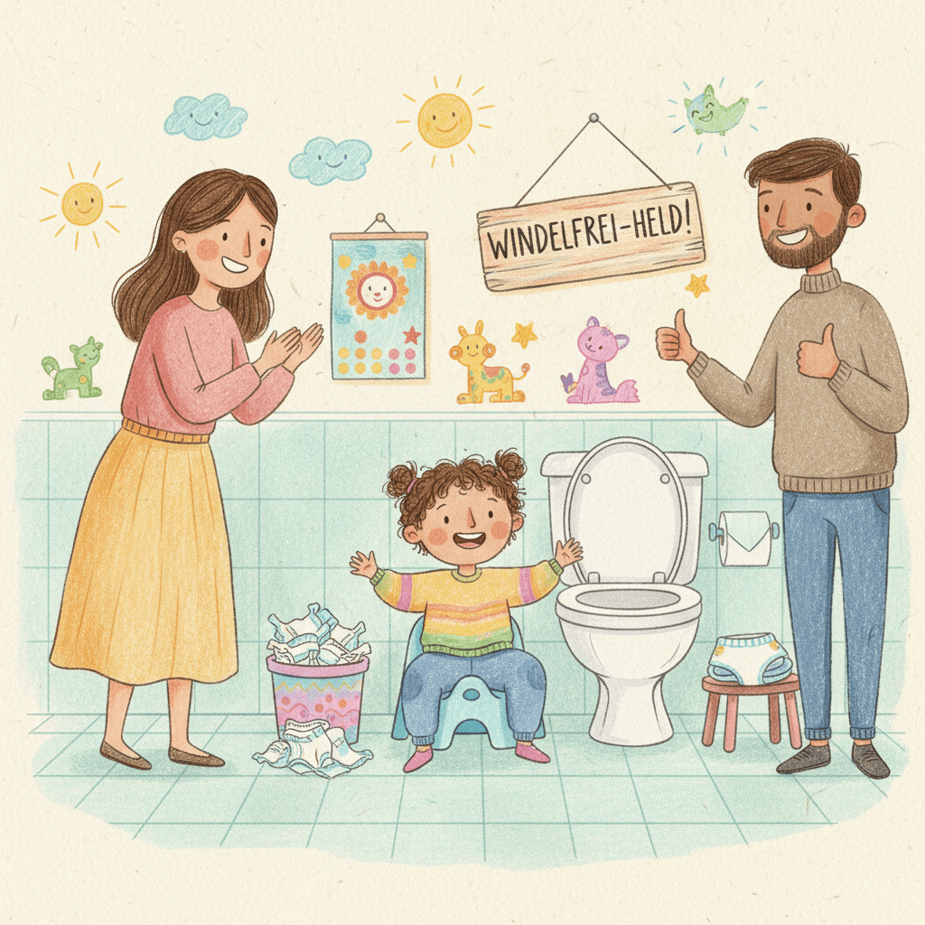 Illustration eines Kleinkindes, das stolz auf dem Töpfchen sitzt, während die Eltern applaudieren. Das Bild zeigt das Thema "windelfrei" mit einem Schild "Windelfrei-Held!".