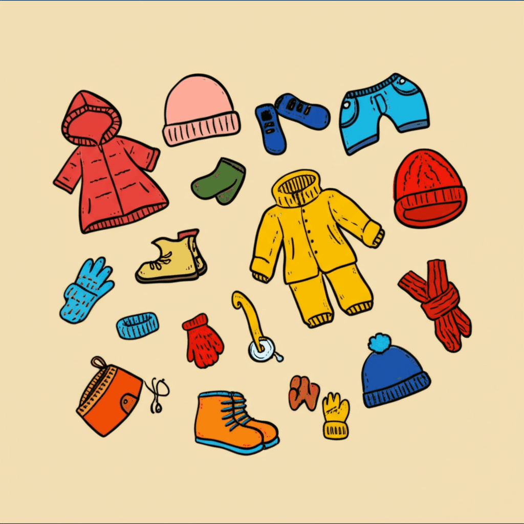 Bunte Kinderkleidung für den Winter: Warme Mützen, Jacken, Handschuhe, Schals und Schuhe. Perfekt für kalte Tage und Outdoor-Aktivitäten.